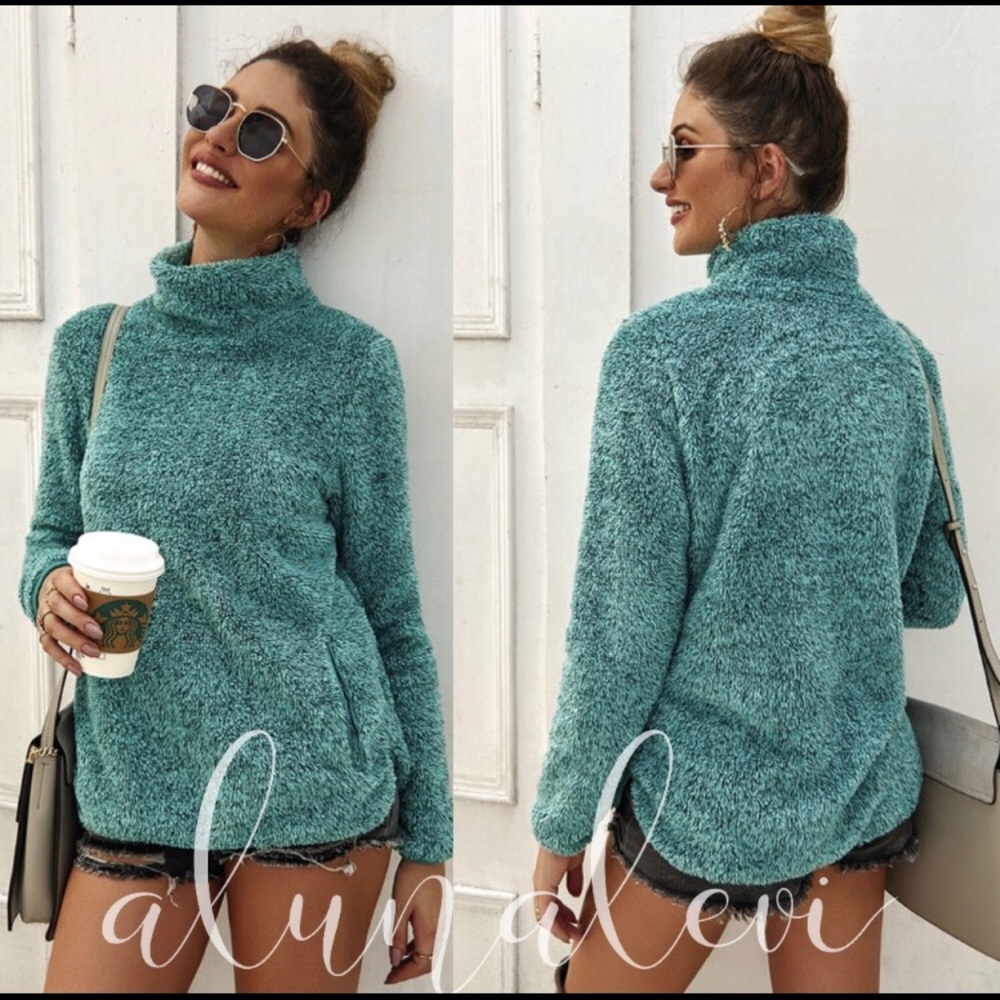 Modern Fit Fuzzy Green Pull Over Mock Neck Sweater - Picture 2 of 4